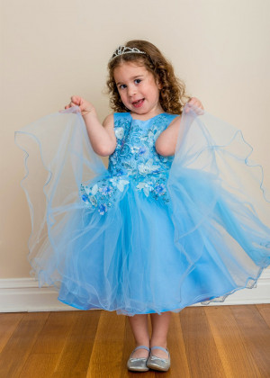 Beaded Blue Lace Tulle Curly Hem Flower Girl Dress